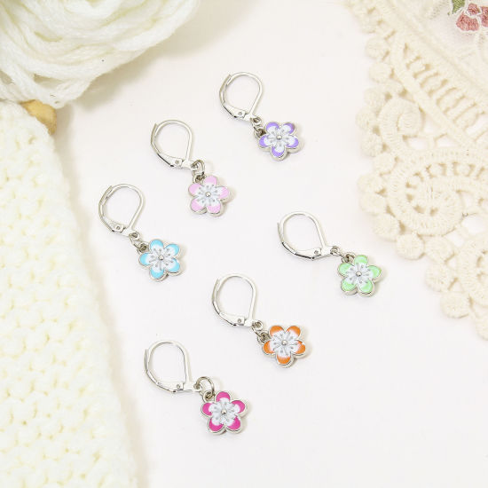 Picture of 1 Set ( 6 PCs/Set) Zinc Based Alloy & Iron Based Alloy Knitting Stitch Markers Earring Bag Charm Pendant Sakura Flower Silver Tone Multicolor Enamel 3cm
