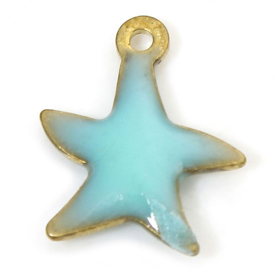 10 PCs Brass Enamelled Sequins Charms Brass Color Lake Blue Star Fish Enamel 10.5mm x 9mm の画像