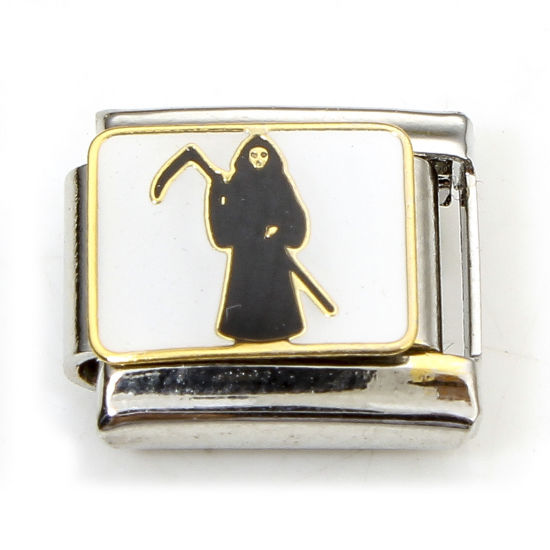 Imagen de 1 Unidad 304 Acero Inoxidable Halloween Charm Pulsera de Eslabones Italianos para Hacer Joyas DIY Tono de Plata Blanco Muerte Esmalte 10mm x 9mm