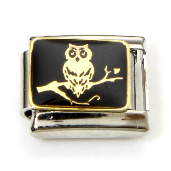 Imagen de 1 Unidad 304 Acero Inoxidable Halloween Charm Pulsera de Eslabones Italianos para Hacer Joyas DIY Tono de Plata Negro Búho Esmalte 10mm x 9mm