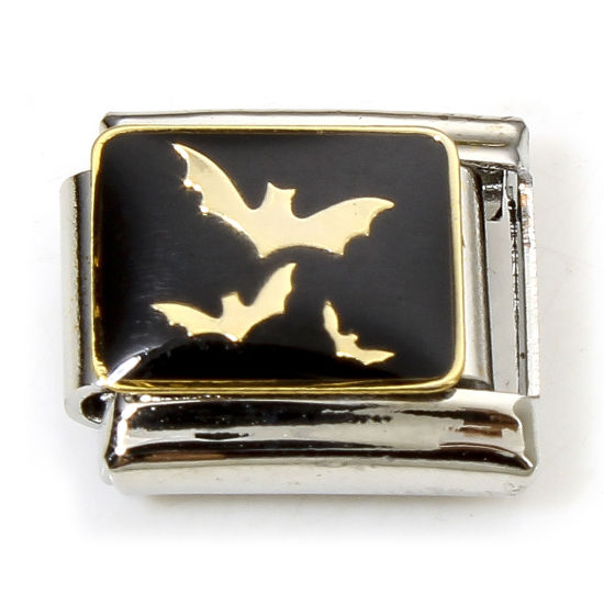 Imagen de 1 Unidad 304 Acero Inoxidable Halloween Charm Pulsera de Eslabones Italianos para Hacer Joyas DIY Tono de Plata Negro Halloween Murciélago Esmalte 10mm x 9mm