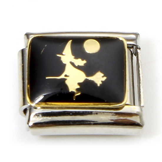 Imagen de 1 Unidad 304 Acero Inoxidable Halloween Charm Pulsera de Eslabones Italianos para Hacer Joyas DIY Tono de Plata Negro Halloween Bruja Esmalte 10mm x 9mm