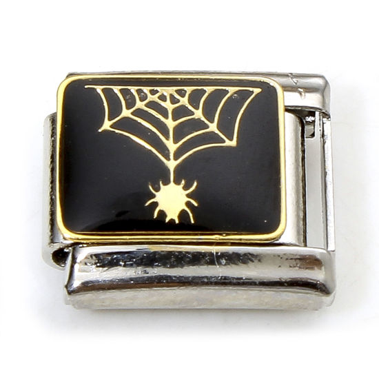 Imagen de 1 Unidad 304 Acero Inoxidable Halloween Charm Pulsera de Eslabones Italianos para Hacer Joyas DIY Tono de Plata Negro Halloween Telaraña Esmalte 10mm x 9mm