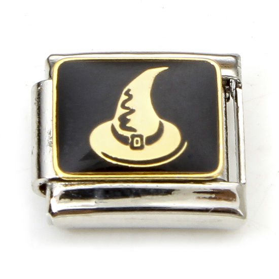 Imagen de 1 Unidad 304 Acero Inoxidable Halloween Charm Pulsera de Eslabones Italianos para Hacer Joyas DIY Tono de Plata Negro Sombrero de Bruja de Halloween Esmalte 10mm x 9mm