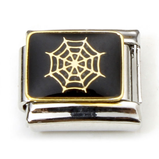 Imagen de 1 Unidad 304 Acero Inoxidable Halloween Charm Pulsera de Eslabones Italianos para Hacer Joyas DIY Tono de Plata Negro Halloween Telaraña Esmalte 10mm x 9mm