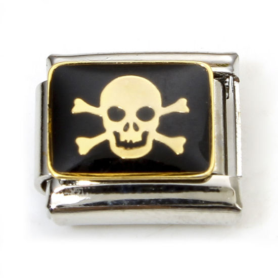 Imagen de 1 Unidad 304 Acero Inoxidable Halloween Charm Pulsera de Eslabones Italianos para Hacer Joyas DIY Tono de Plata Negro Calavera Esqueleto de Halloween Esmalte 10mm x 9mm