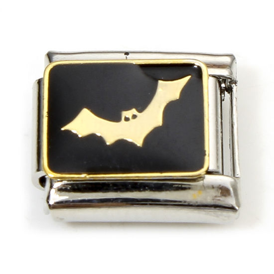 Imagen de 1 Unidad 304 Acero Inoxidable Halloween Charm Pulsera de Eslabones Italianos para Hacer Joyas DIY Tono de Plata Negro Halloween Murciélago Esmalte 10mm x 9mm