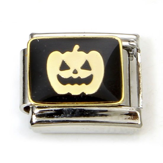 Imagen de 1 Unidad 304 Acero Inoxidable Halloween Charm Pulsera de Eslabones Italianos para Hacer Joyas DIY Tono de Plata Negro Halloween Calabaza Esmalte 10mm x 9mm