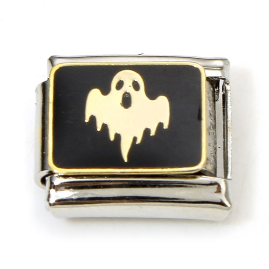 Imagen de 1 Unidad 304 Acero Inoxidable Halloween Charm Pulsera de Eslabones Italianos para Hacer Joyas DIY Tono de Plata Negro Halloween Fantasma Esmalte 10mm x 9mm
