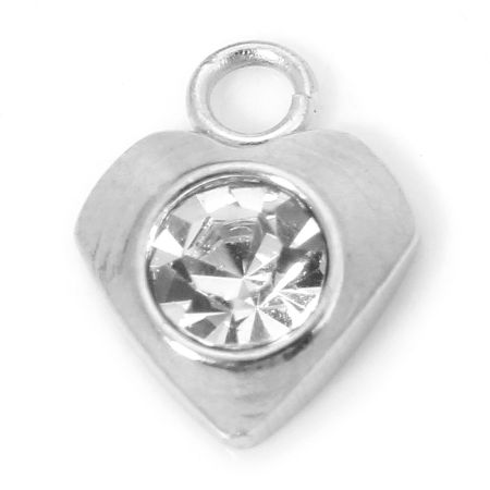 Picture of 2 PCs Eco-friendly 304 Stainless Steel Geometric Charms Silver Tone Heart Clear Rhinestone 9.5mm x 8mm
