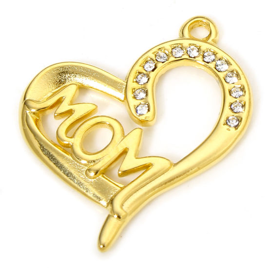 1 Piece Vacuum Plating 304 Stainless Steel Mother's Day Charms Gold Plated Heart Message " Mom " Clear Rhinestone 26mm x 21mm の画像