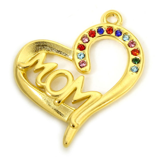 1 Piece Vacuum Plating 304 Stainless Steel Mother's Day Charms Gold Plated Heart Message " Mom " Multicolor Rhinestone 26mm x 21mm の画像