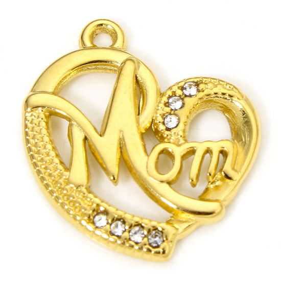 1 Piece Vacuum Plating 304 Stainless Steel Mother's Day Charms Gold Plated Heart Message " Mom " Clear Rhinestone 20.5mm x 18.5mm の画像