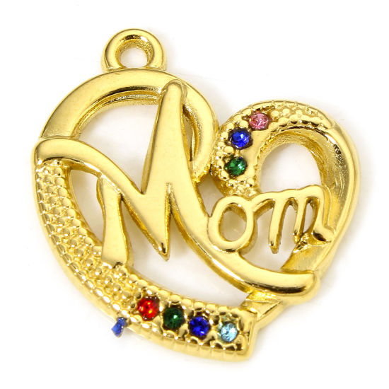 1 Piece Vacuum Plating 304 Stainless Steel Mother's Day Charms Gold Plated Heart Message " Mom " Multicolor Rhinestone 20.5mm x 18.5mm の画像
