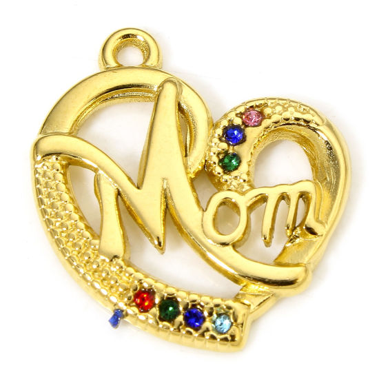 Imagen de 1 Unidad Enchapado al Vacío 304 Acero Inoxidable Día De La Madre Colgantes Corazón Chapado en Oro " Mom " Multicolor Rhinestone 20.5mm x 18.5mm