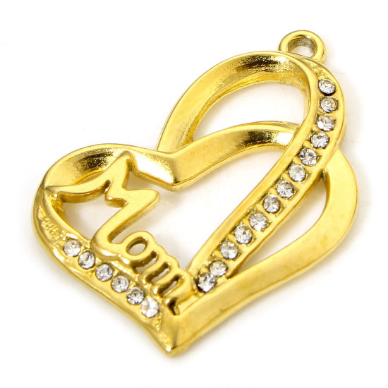 Imagen de 1 Unidad Enchapado al Vacío 304 Acero Inoxidable Día De La Madre Colgantes Corazón Chapado en Oro " Mom " Transparente Rhinestone 28.5mm x 22mm
