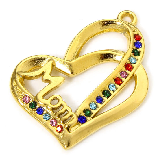 1 Piece Vacuum Plating 304 Stainless Steel Mother's Day Charms Gold Plated Heart Message " Mom " Multicolor Rhinestone 28mm x 22mm の画像