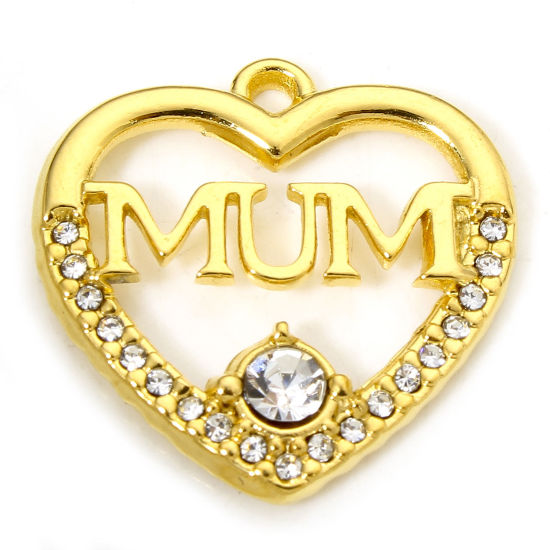1 Piece Vacuum Plating 304 Stainless Steel Mother's Day Charms Gold Plated Heart Message " MUM " Clear Rhinestone 19.5mm x 19mm の画像