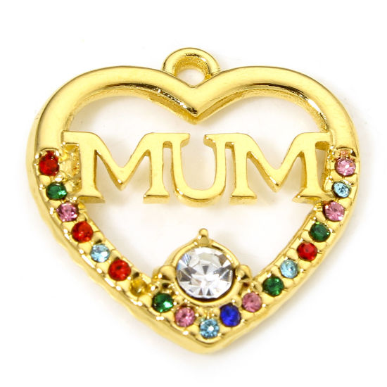 1 Piece Vacuum Plating 304 Stainless Steel Mother's Day Charms Gold Plated Heart Message " MUM " Multicolor Rhinestone 19.5mm x 19mm の画像