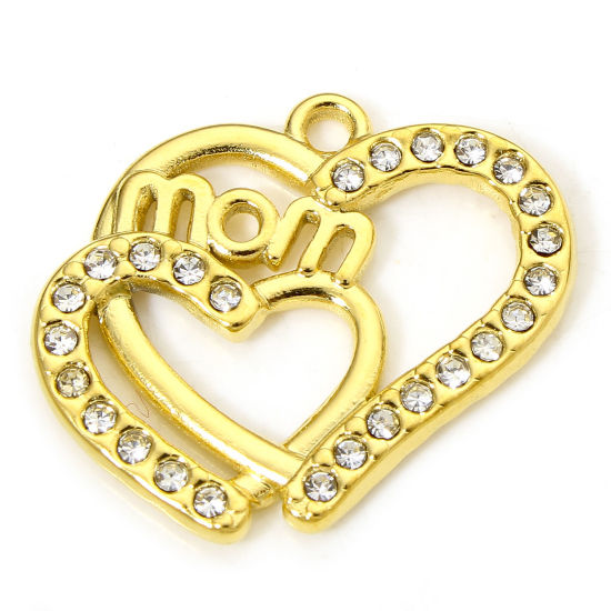 1 Piece Vacuum Plating 304 Stainless Steel Mother's Day Charms Gold Plated Heart Message " Mom " Clear Rhinestone 22mm x 19mm の画像