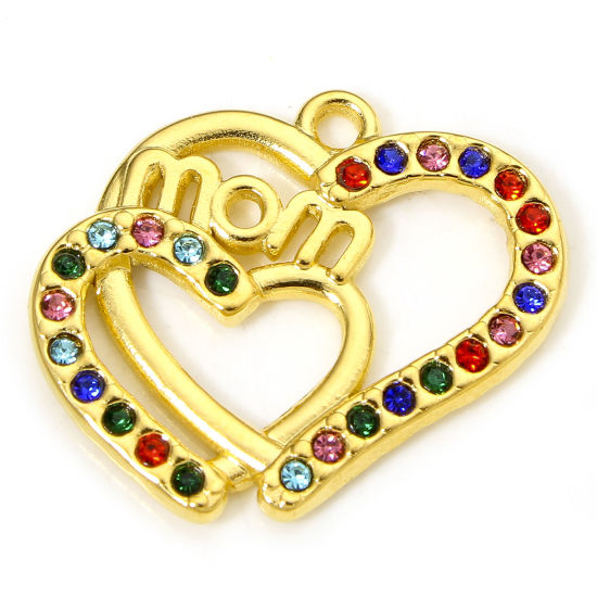1 Piece Vacuum Plating 304 Stainless Steel Mother's Day Charms Gold Plated Heart Message " Mom " Multicolor Rhinestone 21.5mm x 19.5mm の画像