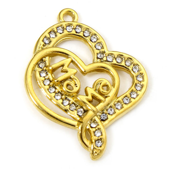 1 Piece Vacuum Plating 304 Stainless Steel Mother's Day Charms Gold Plated Heart Message " Mama " Clear Rhinestone 28mm x 22mm の画像