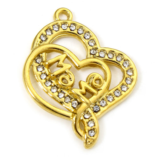Imagen de 1 Unidad Enchapado al Vacío 304 Acero Inoxidable Día De La Madre Colgantes Corazón Chapado en Oro " Mama " Transparente Rhinestone 28mm x 22mm