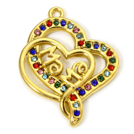 Picture of 1 Piece Vacuum Plating 304 Stainless Steel Mother's Day Charms Gold Plated Heart Message " Mama " Multicolor Rhinestone 28mm x 22mm