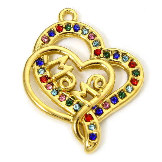 1 Piece Vacuum Plating 304 Stainless Steel Mother's Day Charms Gold Plated Heart Message " Mama " Multicolor Rhinestone 28mm x 22mm の画像
