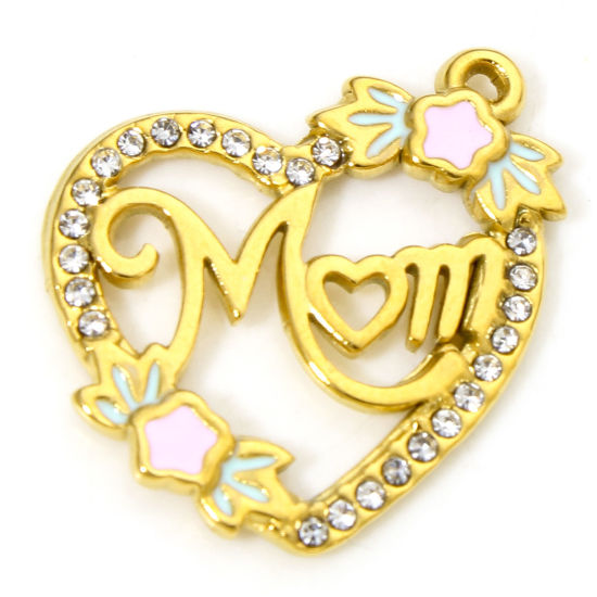 1 Piece Vacuum Plating 304 Stainless Steel Mother's Day Charms Gold Plated Heart Message " Mom " Enamel Clear Rhinestone 23mm x 19.5mm の画像