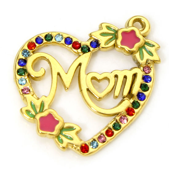 1 Piece Vacuum Plating 304 Stainless Steel Mother's Day Charms Gold Plated Heart Message " Mom " Enamel Multicolor Rhinestone 23mm x 19.5mm の画像