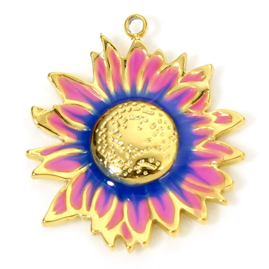 Изображение 1 Piece Vacuum Plating 304 Stainless Steel Pastoral Style Charms Gold Plated Blue & Pink Sunflower Enamel 23mm x 20.5mm