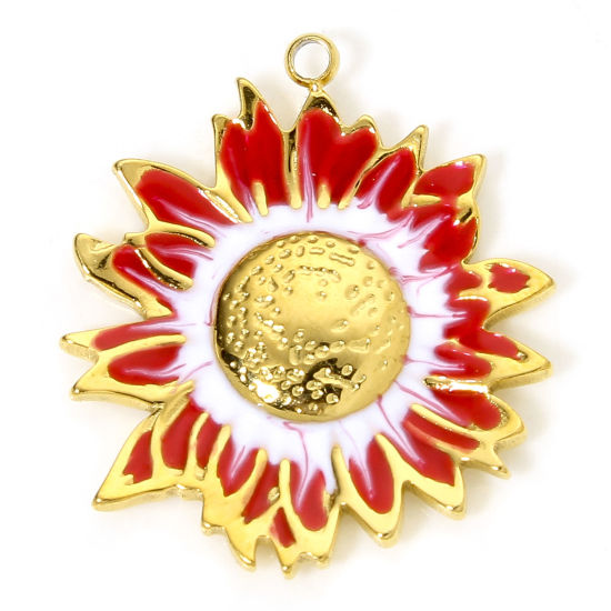 Изображение 1 Piece Vacuum Plating 304 Stainless Steel Pastoral Style Charms Gold Plated White & Red Sunflower Enamel 23mm x 20.5mm