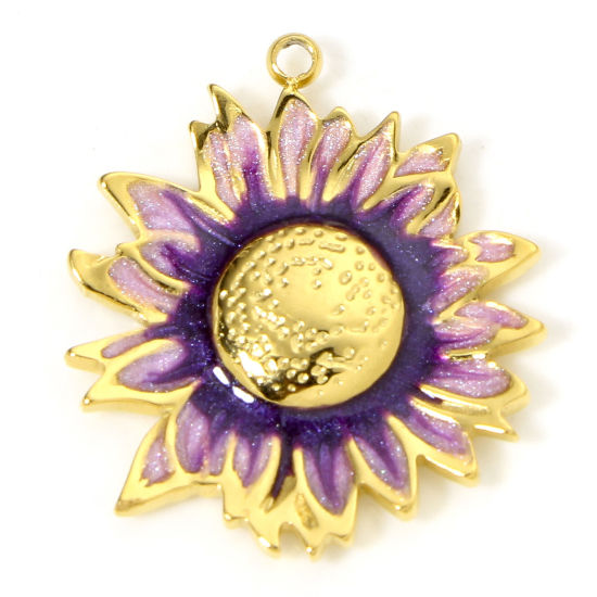 Изображение 1 Piece Vacuum Plating 304 Stainless Steel Pastoral Style Charms Gold Plated Purple Sunflower Enamel 23mm x 20.5mm