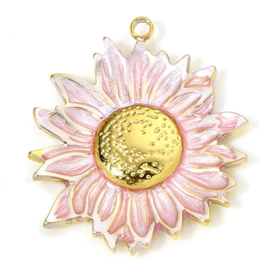 Изображение 1 Piece Vacuum Plating 304 Stainless Steel Pastoral Style Charms Gold Plated Light Pink Sunflower Enamel 23mm x 20.5mm