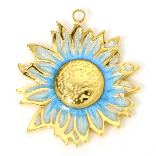 Изображение 1 Piece Vacuum Plating 304 Stainless Steel Pastoral Style Charms Gold Plated Blue Sunflower Enamel 23mm x 20.5mm