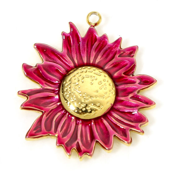 Изображение 1 Piece Vacuum Plating 304 Stainless Steel Pastoral Style Charms Gold Plated Fuchsia Sunflower Enamel 23mm x 20.5mm