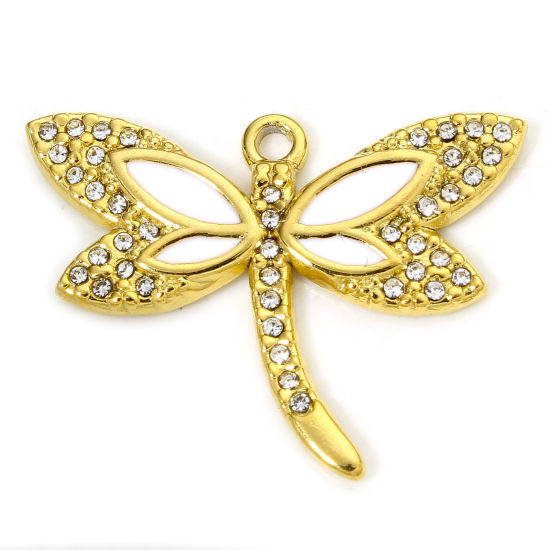 Изображение 1 Piece Vacuum Plating 304 Stainless Steel Insect Charms Gold Plated White Dragonfly Animal Enamel Clear Rhinestone 27.5mm x 21mm