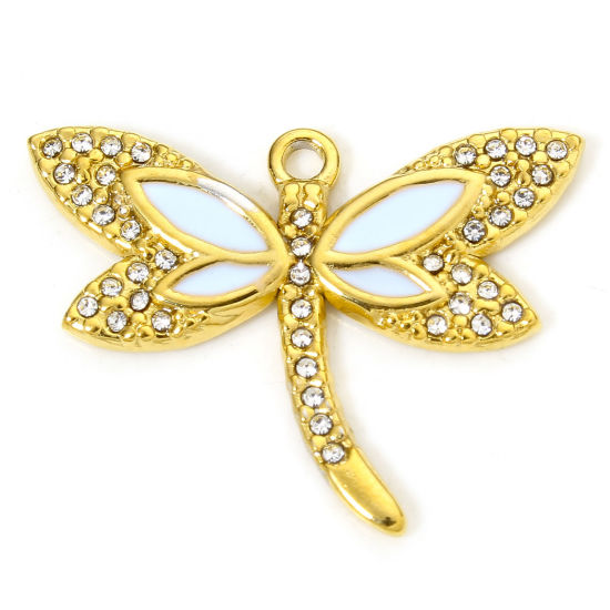 Изображение 1 Piece Vacuum Plating 304 Stainless Steel Insect Charms Gold Plated Light Blue Dragonfly Animal Enamel Clear Rhinestone 27.5mm x 21mm