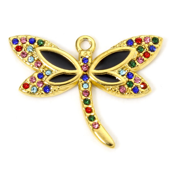 Изображение 1 Piece Vacuum Plating 304 Stainless Steel Insect Charms Gold Plated Black Dragonfly Animal Enamel Multicolor Rhinestone 27.5mm x 21mm