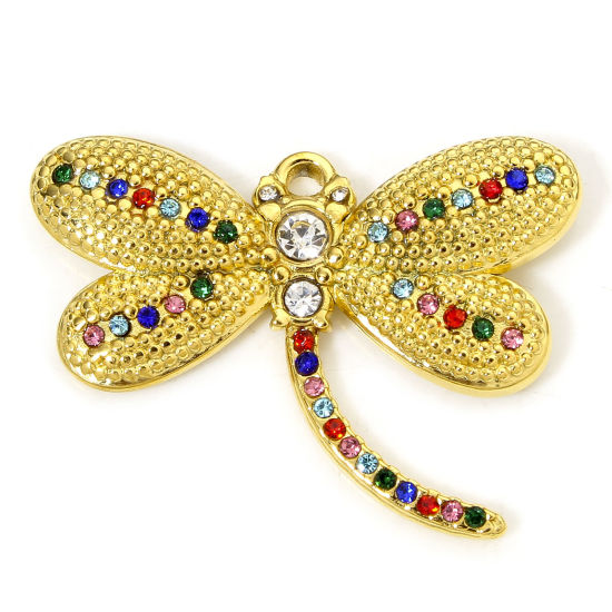 Изображение 1 Piece Vacuum Plating 304 Stainless Steel Insect Pendants Gold Plated Dragonfly Animal Multicolor Rhinestone 30.5mm x 22mm