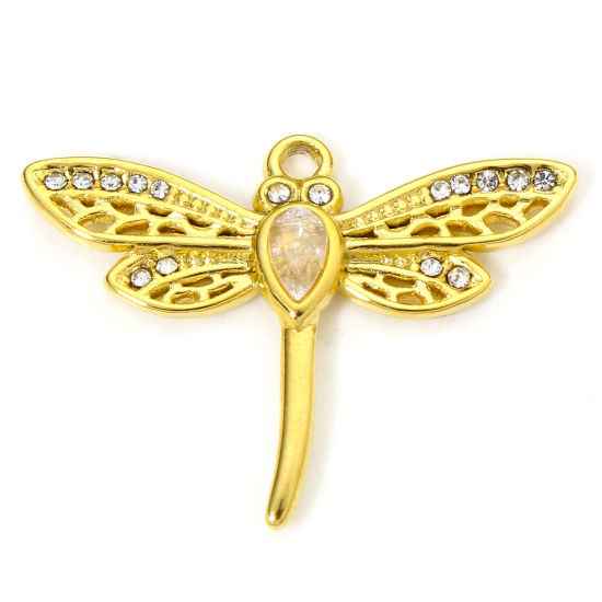 Изображение 1 Piece Vacuum Plating 304 Stainless Steel Insect Charms Gold Plated Dragonfly Animal Clear Rhinestone 29.5mm x 22mm