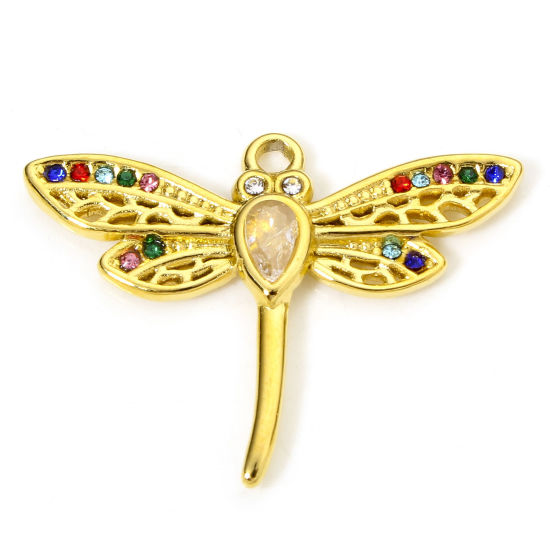 Изображение 1 Piece Vacuum Plating 304 Stainless Steel Insect Charms Gold Plated Dragonfly Animal Multicolor Rhinestone 29.5mm x 22mm
