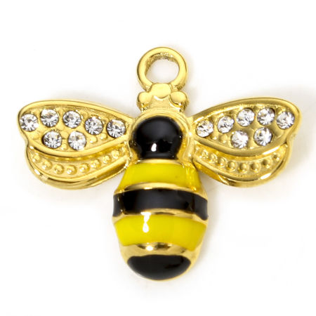 Picture of Eco-friendly 304 Stainless Steel Pastoral Style Charms Gold Plated Multicolor Bee Animal Sunflower Enamel Clear Rhinestone