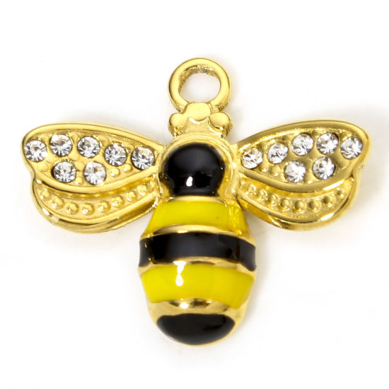 Изображение 1 Piece Vacuum Plating 304 Stainless Steel Insect Charms Gold Plated Black & Yellow Bee Animal Enamel Clear Rhinestone 21mm x 18mm