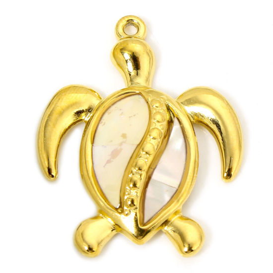 Image de 1 Pièce Pendentifs en 304 Acier Inoxydable & Coquille Placage sous Vide Bijoux d'Océan Tortue de Mer Doré 30.5mm x 24.5mm