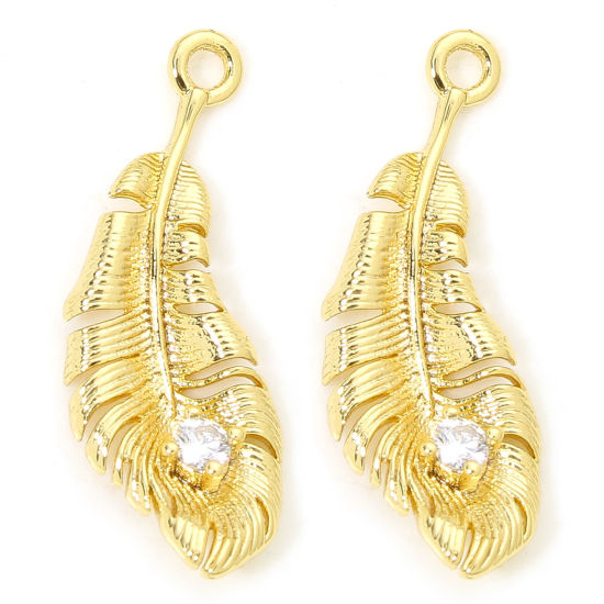 Picture of 2 PCs Eco-friendly Brass Charms 18K Gold Plated Feather Clear Cubic Zirconia 21mm x 8mm