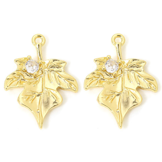 Picture of 2 PCs Eco-friendly Brass Charms 18K Gold Plated Maple Leaf Clear Cubic Zirconia 20mm x 15mm