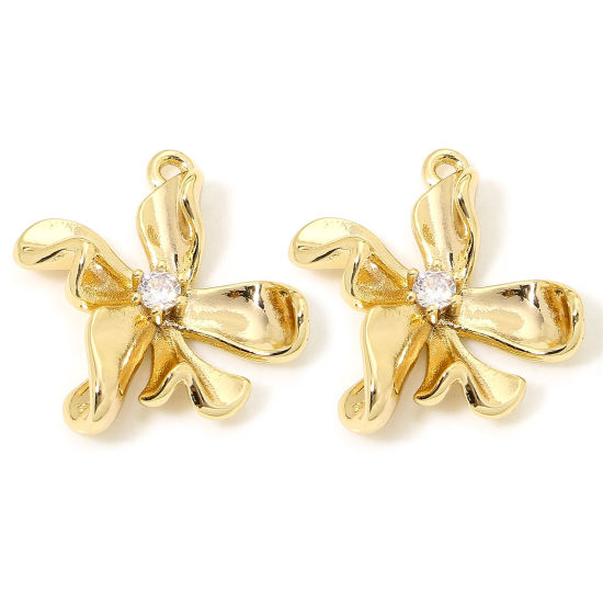 Picture of 2 PCs Eco-friendly Brass Charms 18K Gold Plated Flower Clear Cubic Zirconia 20mm x 18mm