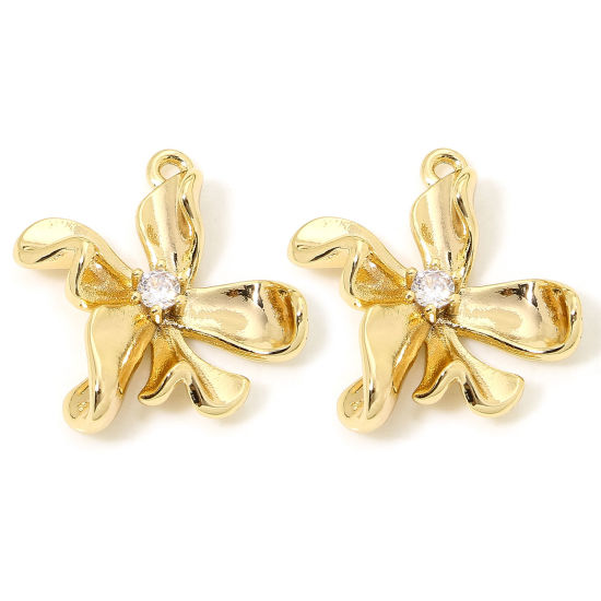 Image de 2 Pcs Breloques en Laiton Respectueux de la Nature Fleur Plaqué Or 18K à Zircone Cubique Clair 20mm x 18mm